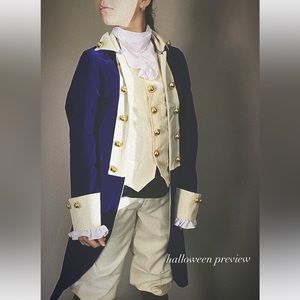 Hamilton costume, gorgeous suede blue jacket Rich, beige pants